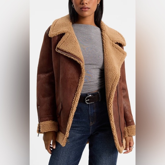 NWT Express  	
FAUX SUEDE SHERPA MOTO JACKET Hickory Shearling Jacket size XS - Picture 3 of 5